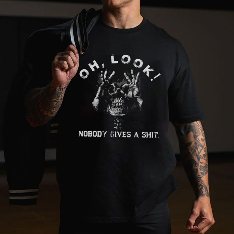 OH LOOK NOBODY GIVES A SHIT Skull With OK Print Men's T-shirt