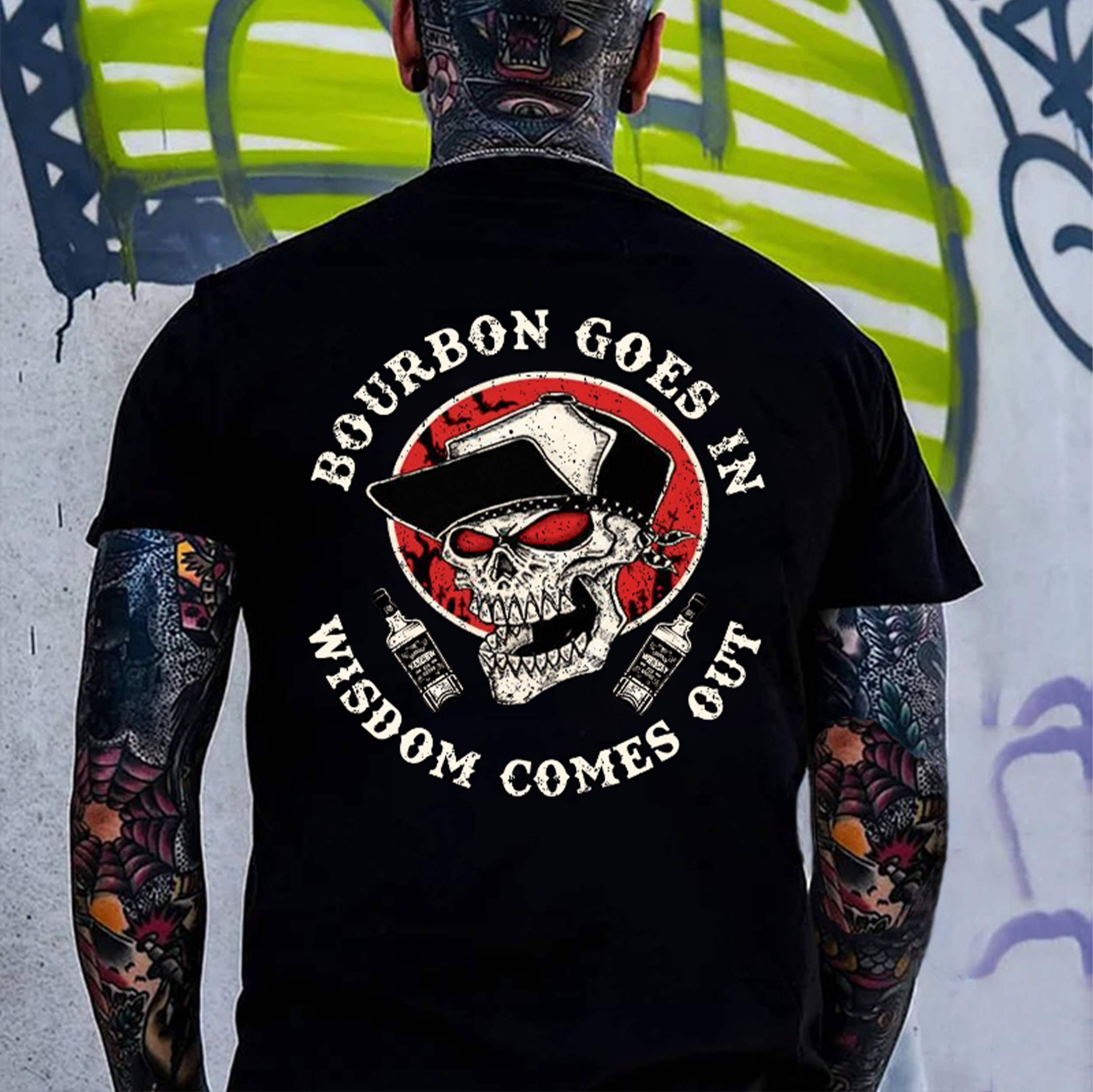 BOURBON GOES IN WISDOM COMES OUT Skull Print Men's T-shirt