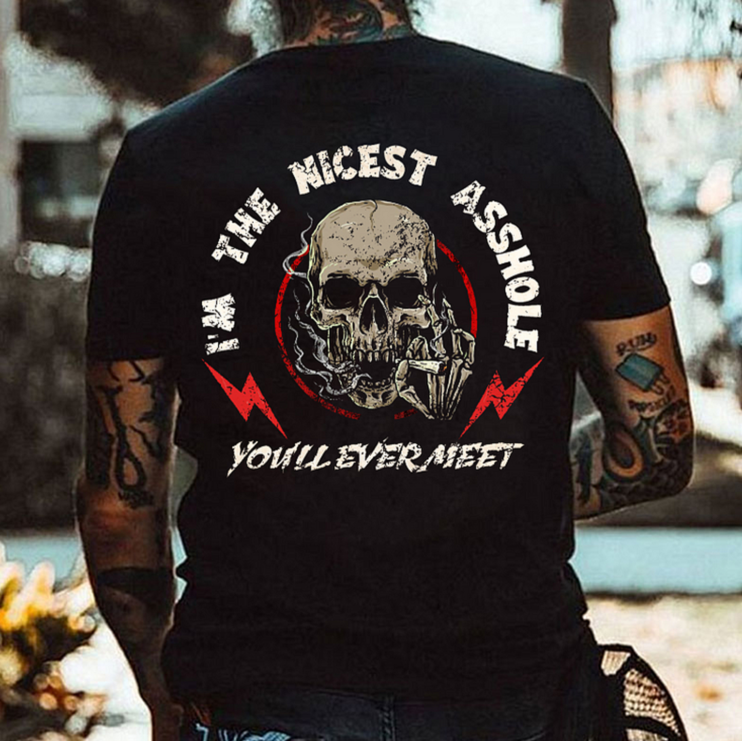 I'M THE NICEST ASSHOLE YOU'LL EVER MEET Skeleton With Cigarette Print Men's T-shirt