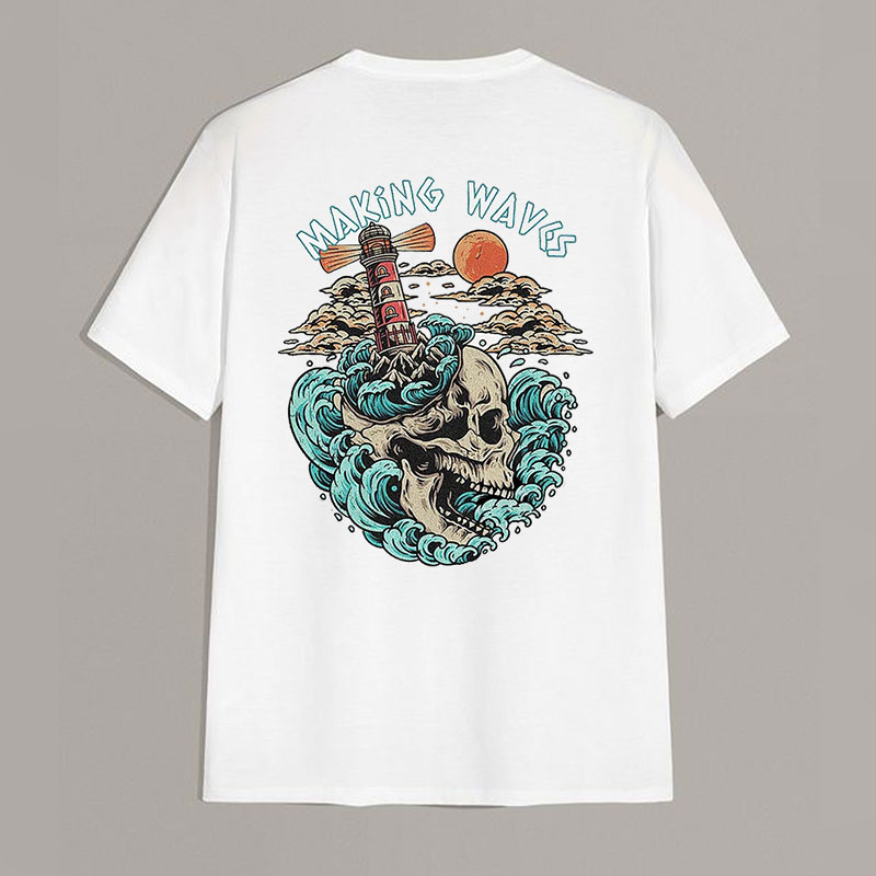 MAKING WAVES Skull with Lighthouse White Print T-shirt