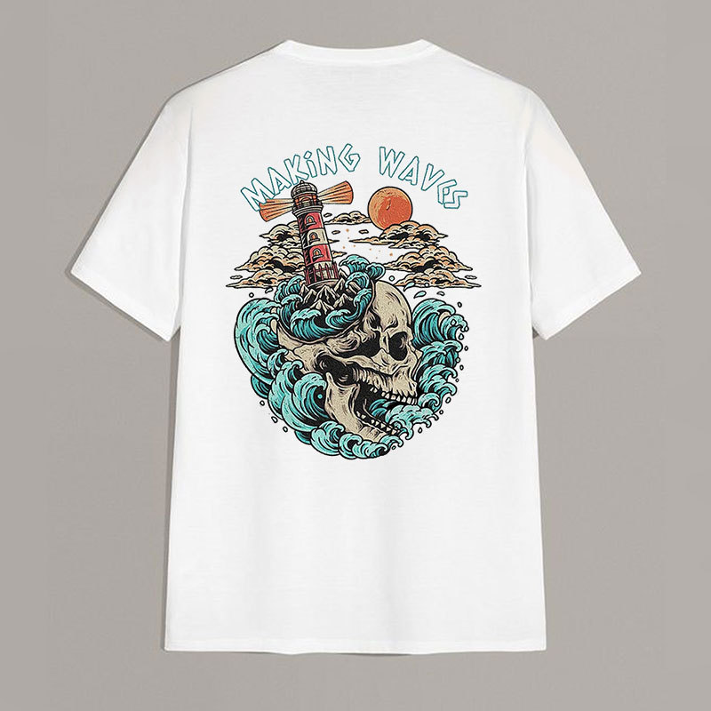 MAKING WAVES Skull with Lighthouse White Print T-shirt