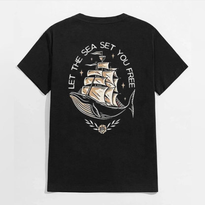 LET THE SEA SET YOU FREE Black Print T-shirt