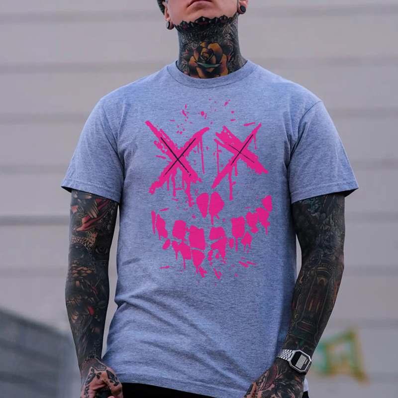 Fluorescent Pink Evil Emoji Graphic Black Print T-Shirt