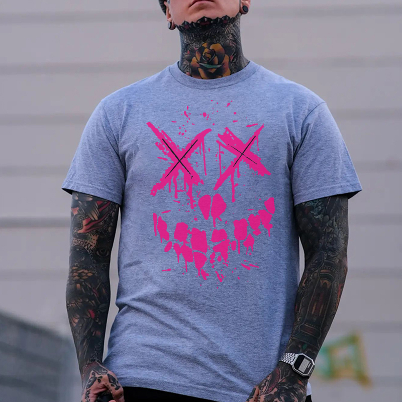 Fluorescent Pink Evil Emoji Graphic Black Print T-Shirt