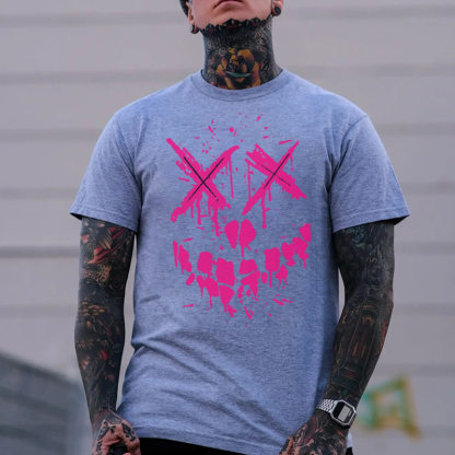 Fluorescent Pink Evil Emoji Graphic Black Print T-Shirt