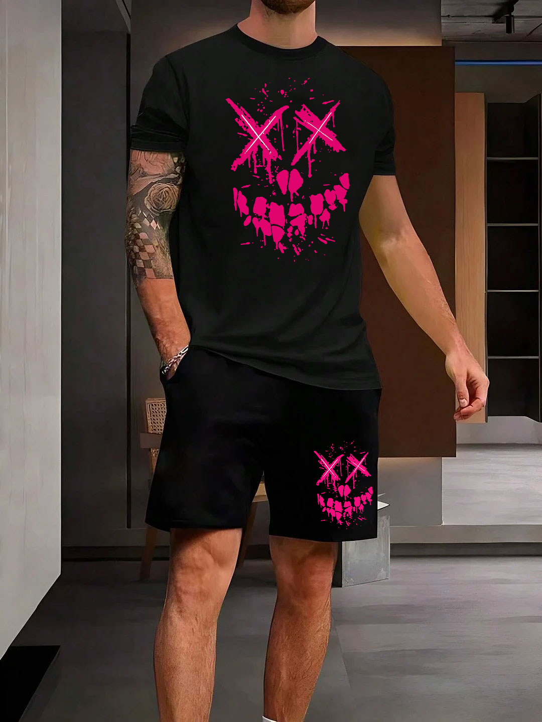 Fluorescent Pink Evil Emoji Graphic Print Men's Suit