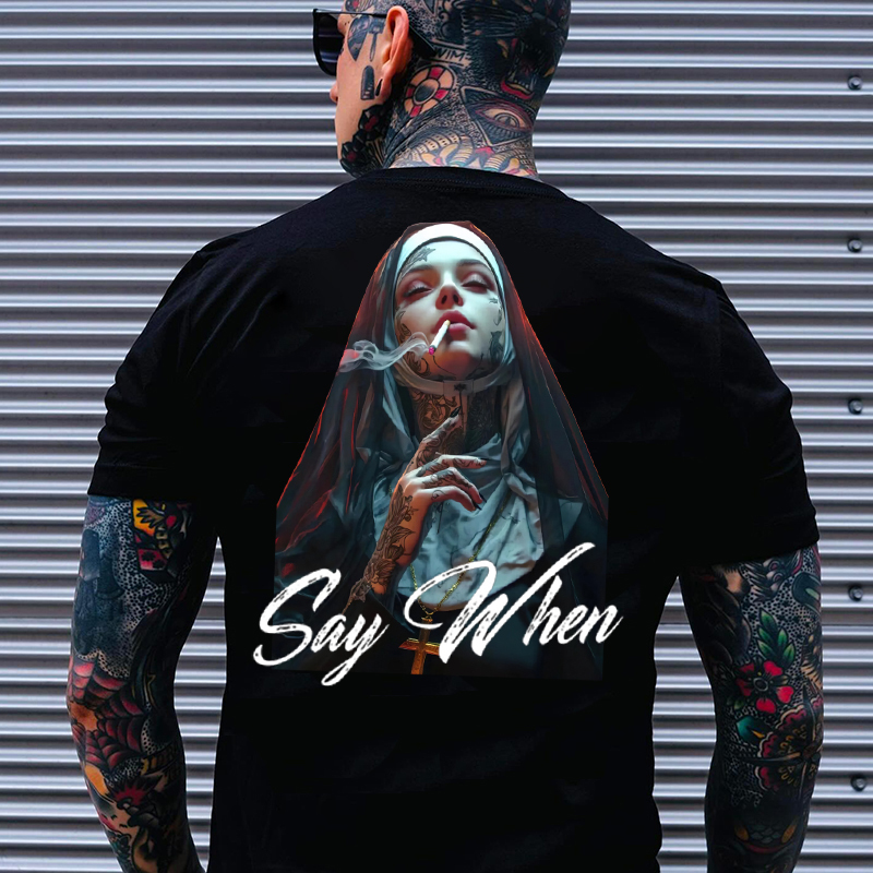 SAY WHEN Smoking Nun Print Men's T-Shirt