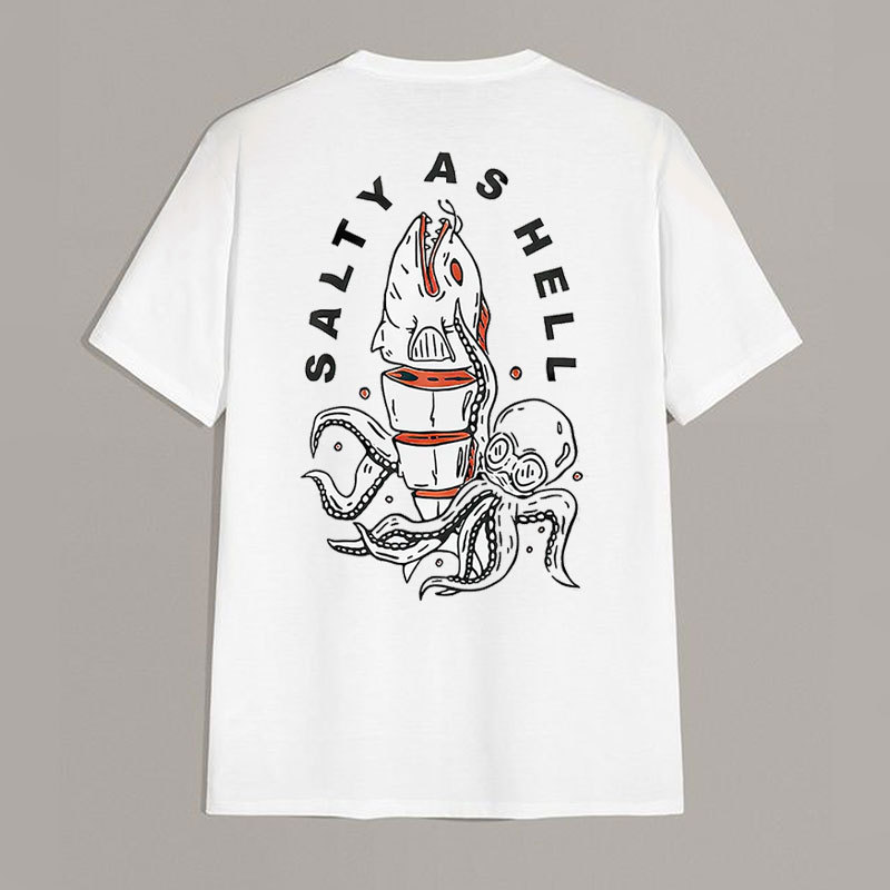 SAITY AS HELL Shark and Octopus White Print T-shirt