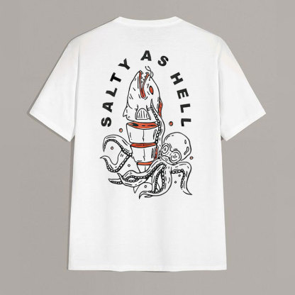 SAITY AS HELL Shark and Octopus White Print T-shirt