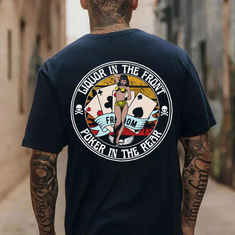LIQUOR IN THE FRONT POKER IN THE REAR Sexy Lady Poker White Print T-shirt