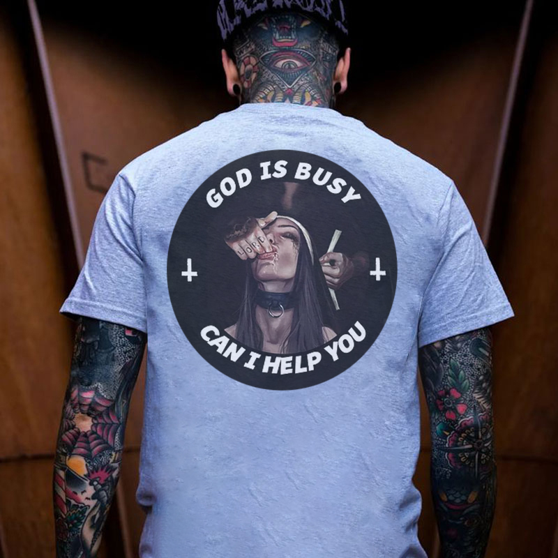 GOD IS BUSY CAN I HELP YOU Sucking Finger Nun Print Men's T-Shirt