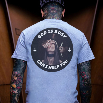 GOD IS BUSY CAN I HELP YOU Sucking Finger Nun Print Men's T-Shirt