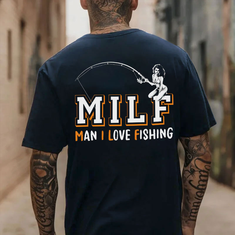 MILF MAN I LOVE FISHING Naked Lady Black Print T-shirt