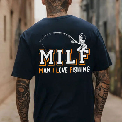 MILF MAN I LOVE FISHING Naked Lady Black Print T-shirt