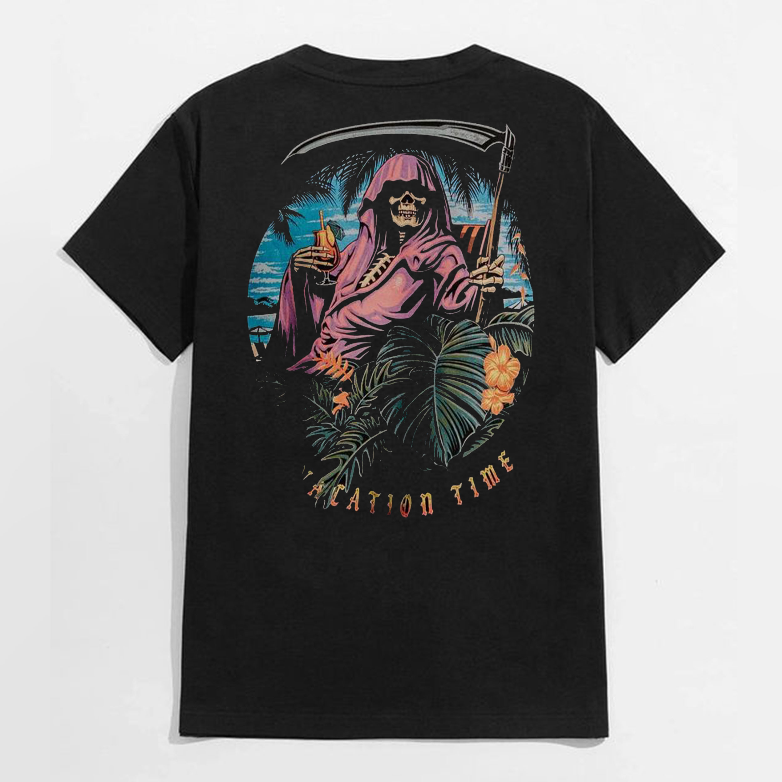 VACATION TIME Skull at the Seaside Black Print T-shirt