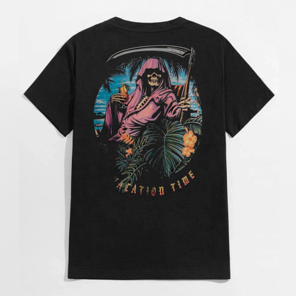 VACATION TIME Skull at the Seaside Black Print T-shirt