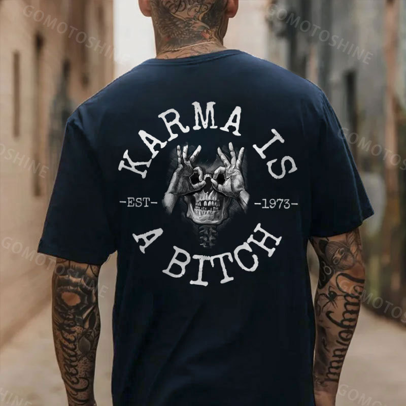 KARMA IS A BITCH Skull With OK Print Men's T-Shirt Image - 5