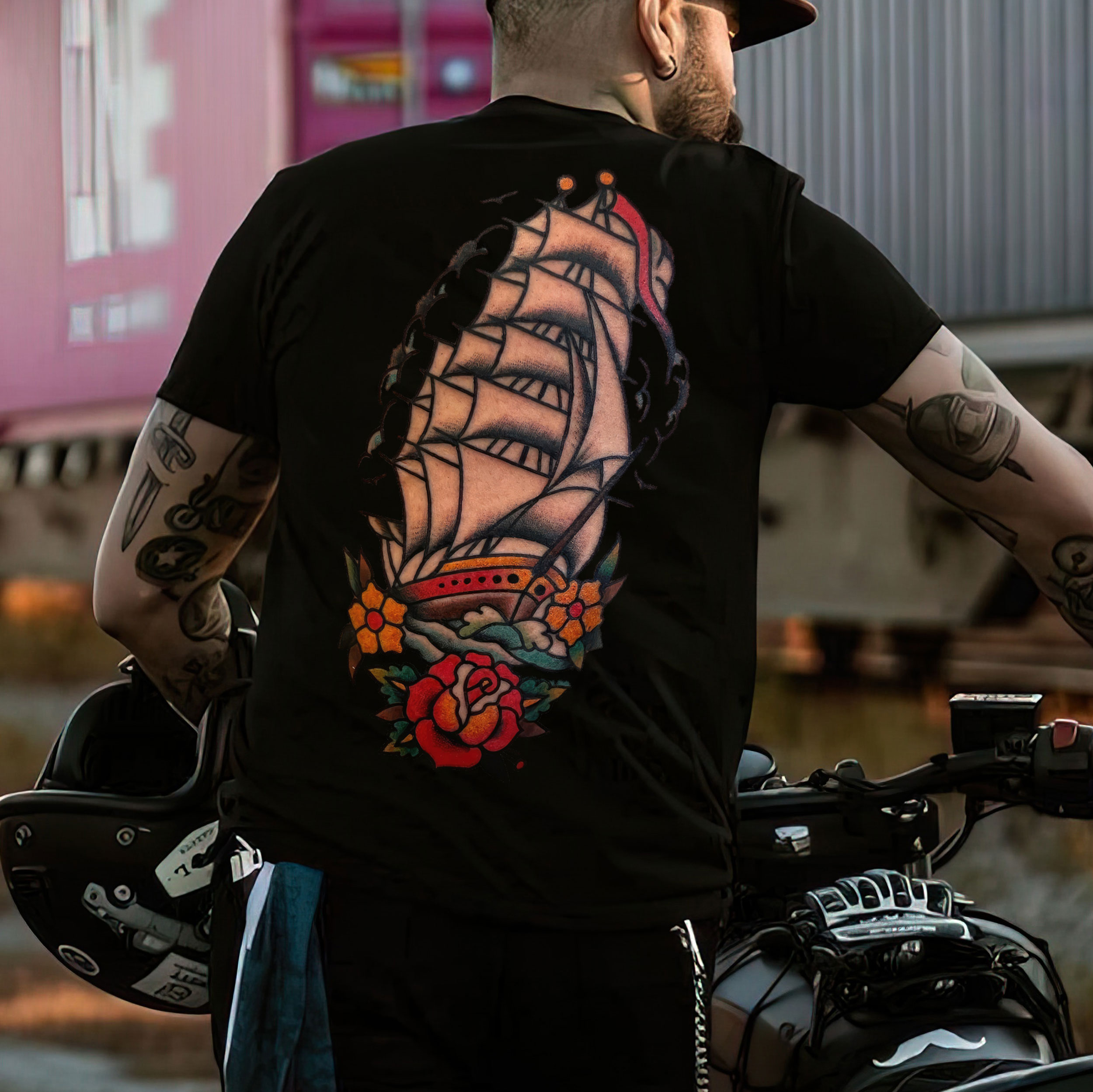 Sailing Ship with Roses Coastal Style Black Print T-shirt