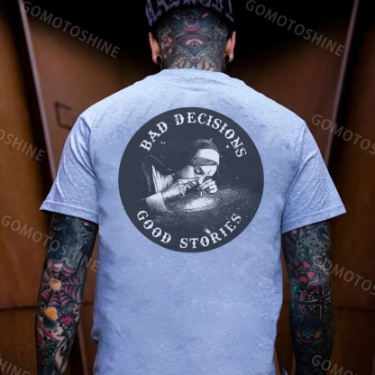 BAD DECISIONS GOOD STORIES Nun Smoking Black Print T-Shirt Image - 4