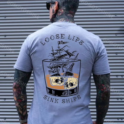 LOOSE LIPS SINK SHIPS Skulls Ship in the Water Graphic White Print T-shirt