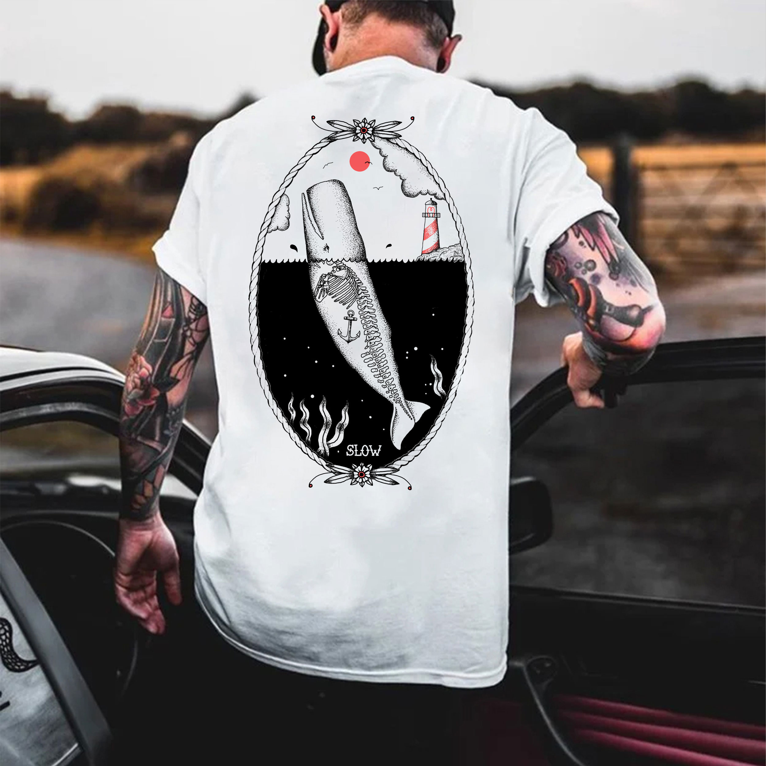 SLOW Ship in the Deep Sea Lighthouse White Print T-shirt