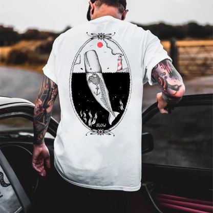 SLOW Ship in the Deep Sea Lighthouse White Print T-shirt