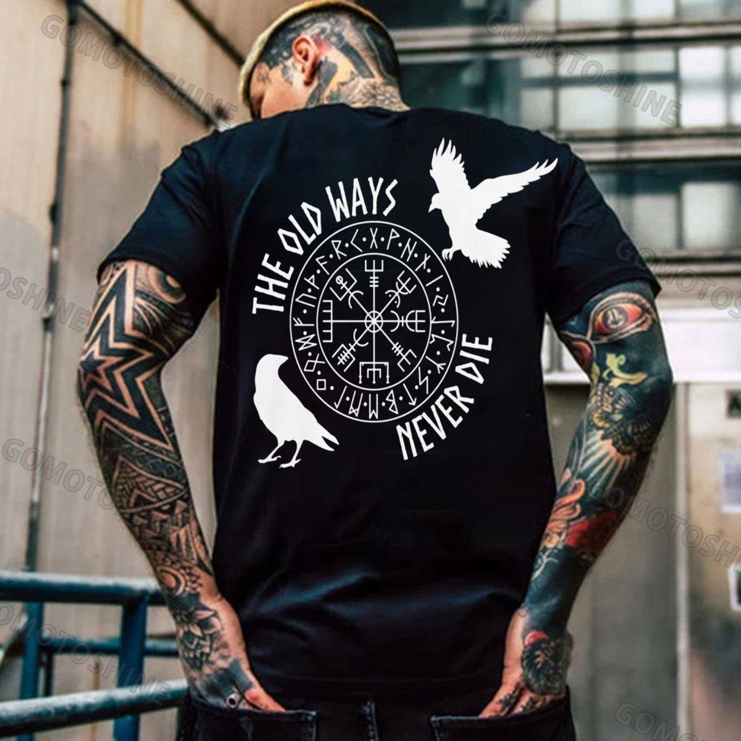 THE OLD WAYS NEVER DIE Runes Crow Print Men's T-Shirt
