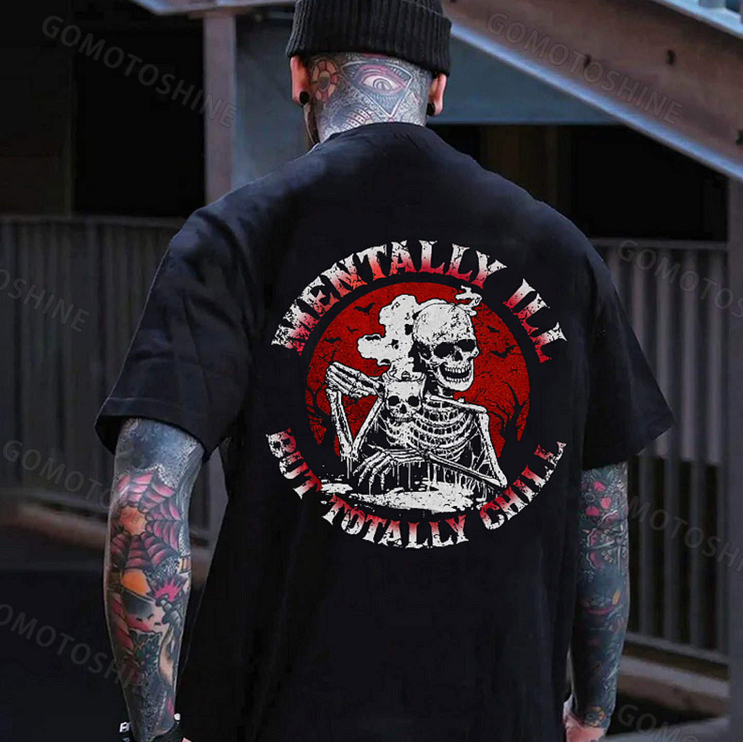 MENTALLY ILL BUT TOTALLY CHILL Skeleton Print Men's T-Shirt