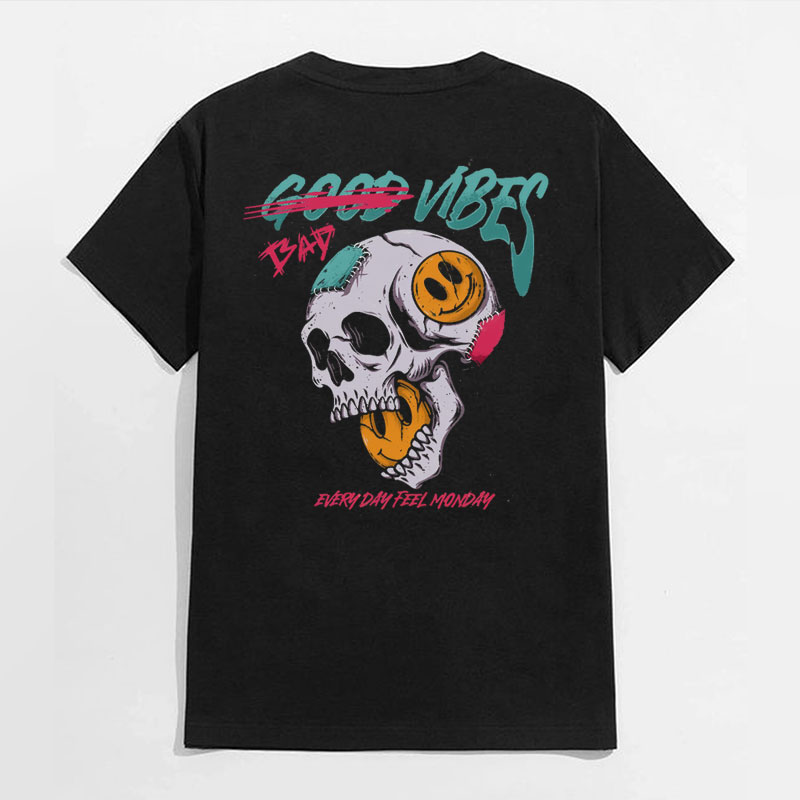 BAD VIBES Skull with Emoji Black Print T-shirt