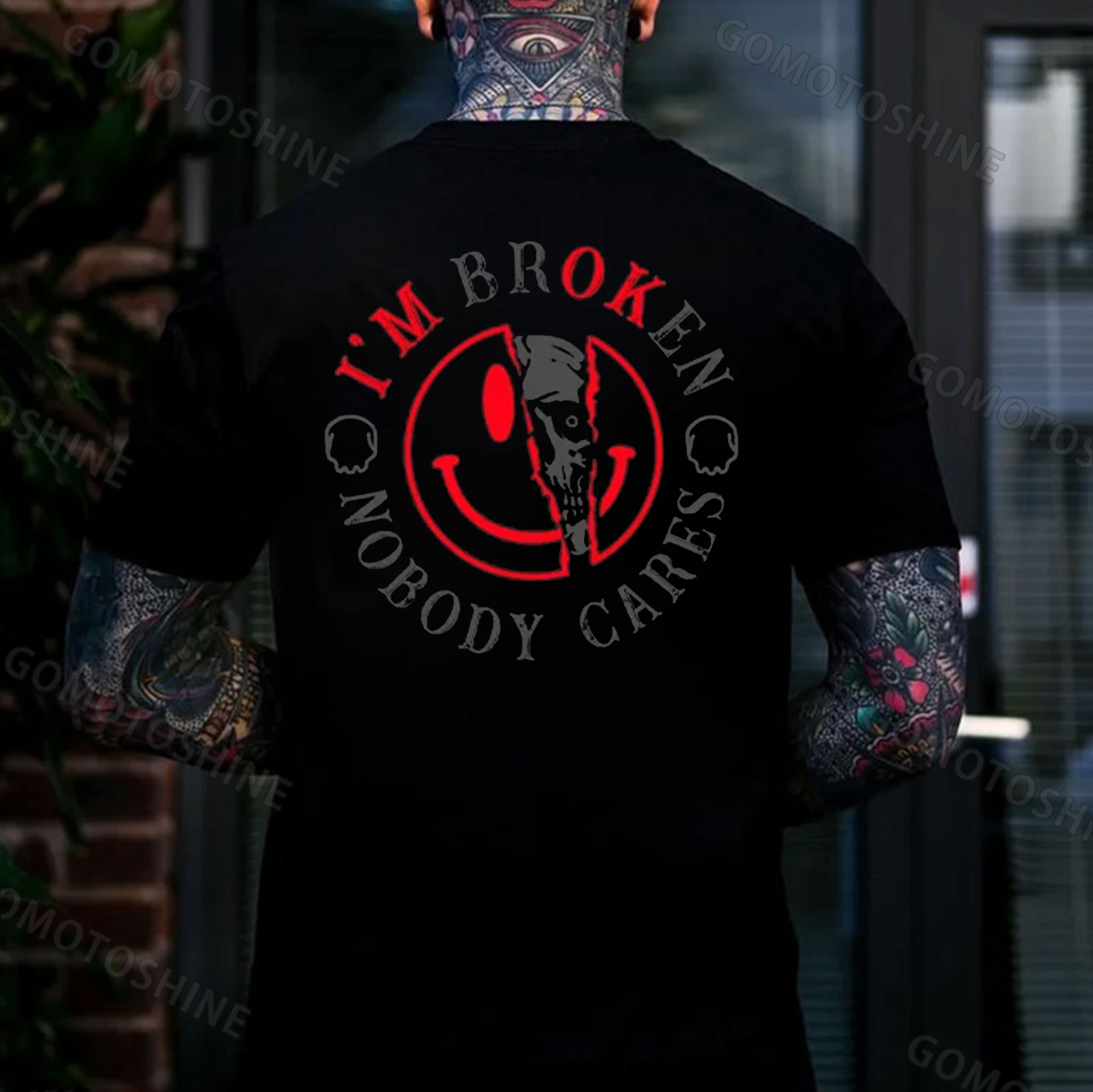 I'M BROKEN NOBODY CARES Broken Emoji&Skull Print Men's T-Shirt