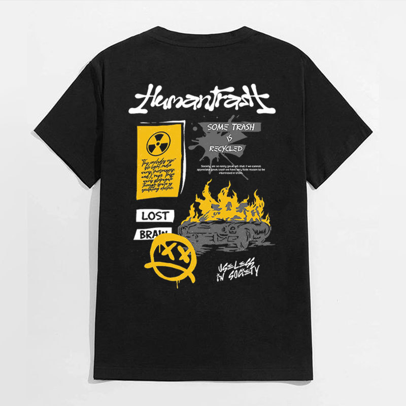 LOST BRAIN Emoji with Burning Fire Black Print T-shirt