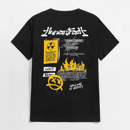 LOST BRAIN Emoji with Burning Fire Black Print T-shirt