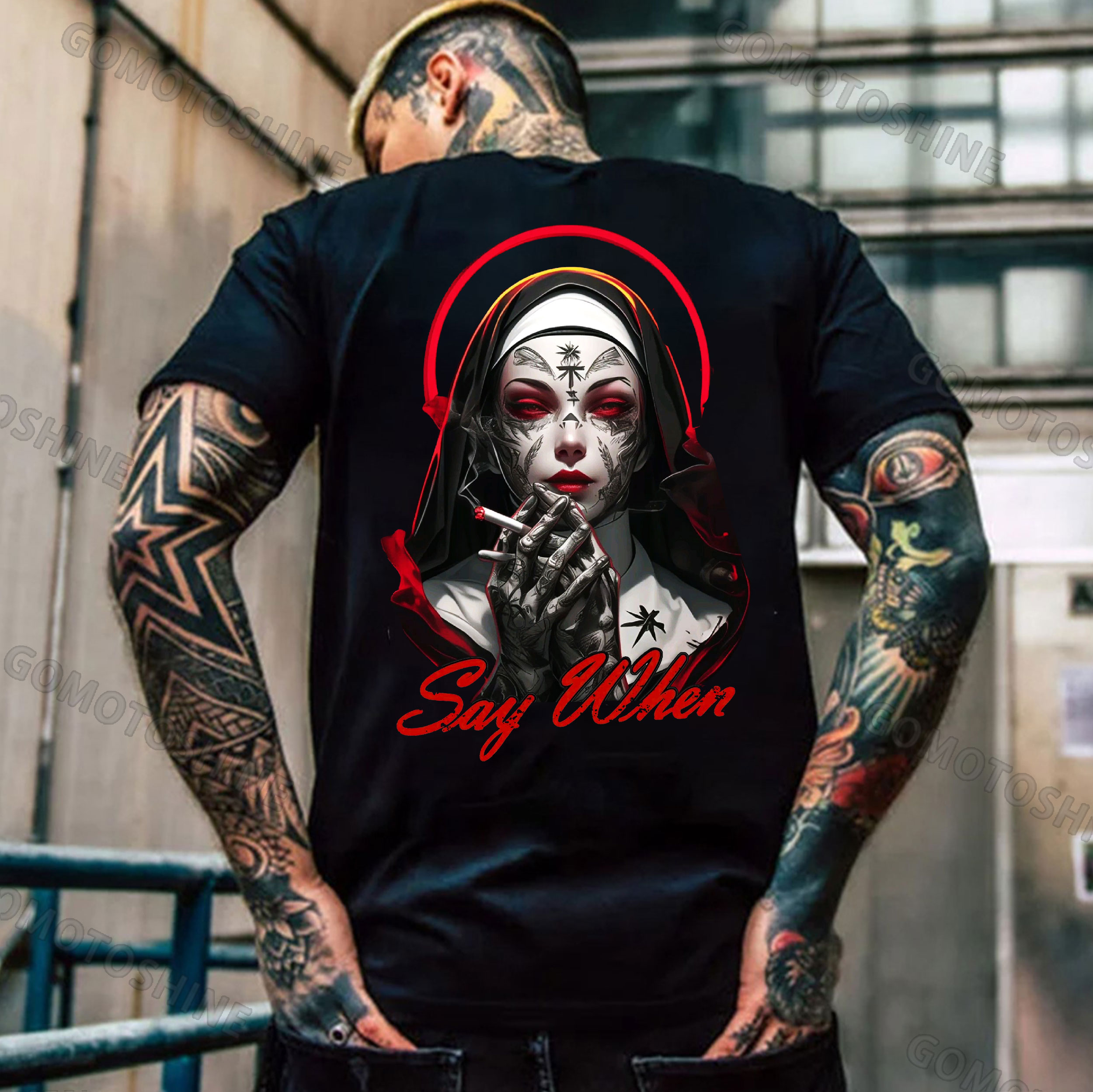 SAY WHEN Smoking Nun Print Men's T-Shirt