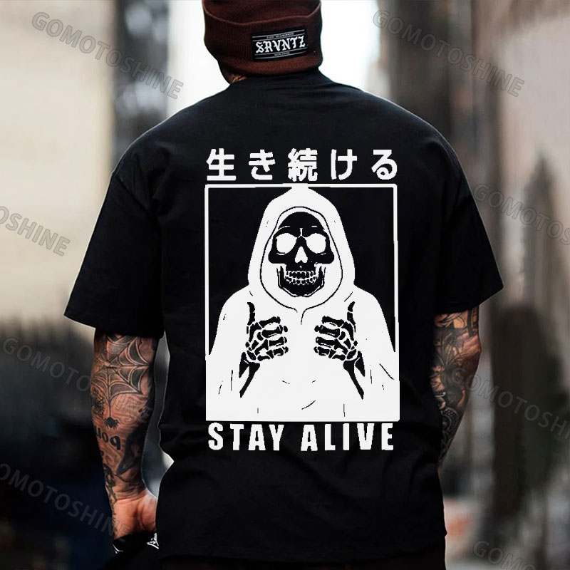 STAY ALIVE Skeleton Japanese Print Men's T-Shirt