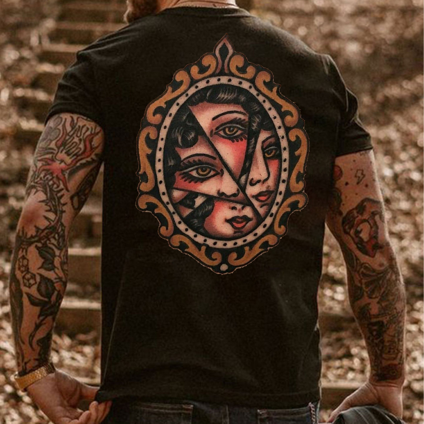 Elegant Lady in the Mirror Old School Black Print T-Shirt