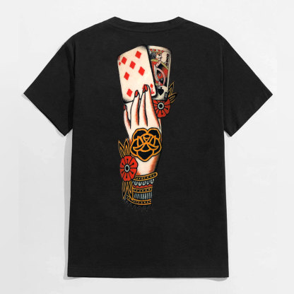Elegant Hand with Tattoo and Pokers Black Print T-Shirt