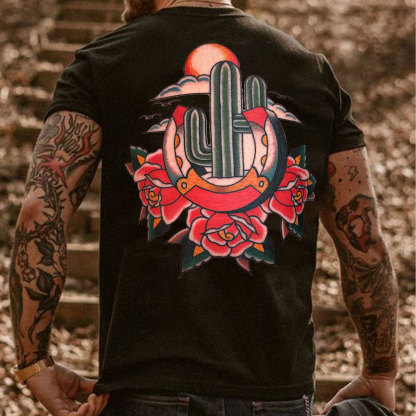 U-shaped Cactus with Roses Black Print T-Shirt
