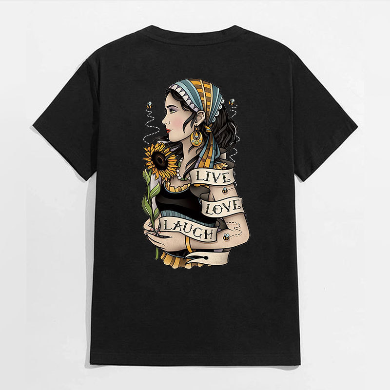 LIVE LOVE LAUGH Gothic Queen with Flowers Black Print T-shirt