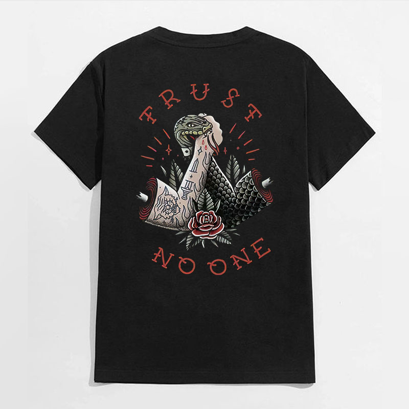 TRUST NO ONE Snake Biting the Tattooed Hand Black Print T-shirt