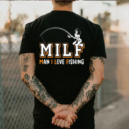 MILF MAN I LOVE FISHING Naked Lady Black Print T-shirt