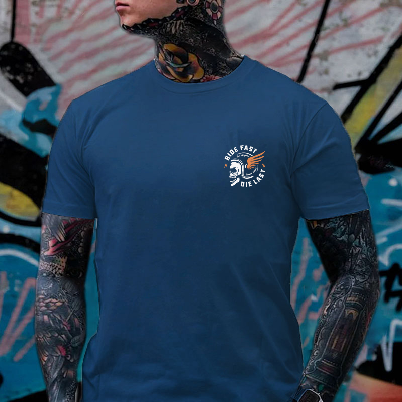 RIDE FAST DIE LAST Crazy Skull with a wings helmet Black Print T-shirt