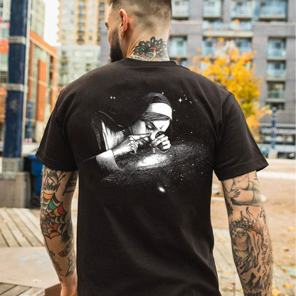 Nun Smoking Dark Style Black Print T-shirt