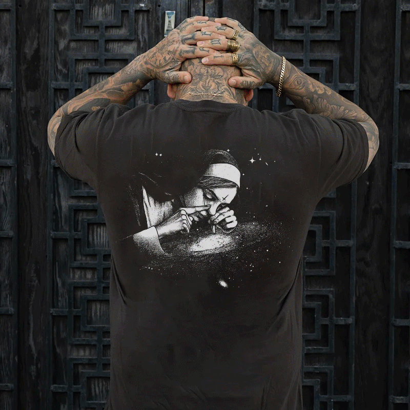 Nun Smoking Dark Style Black Print T-shirt