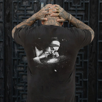Nun Smoking Dark Style Black Print T-shirt