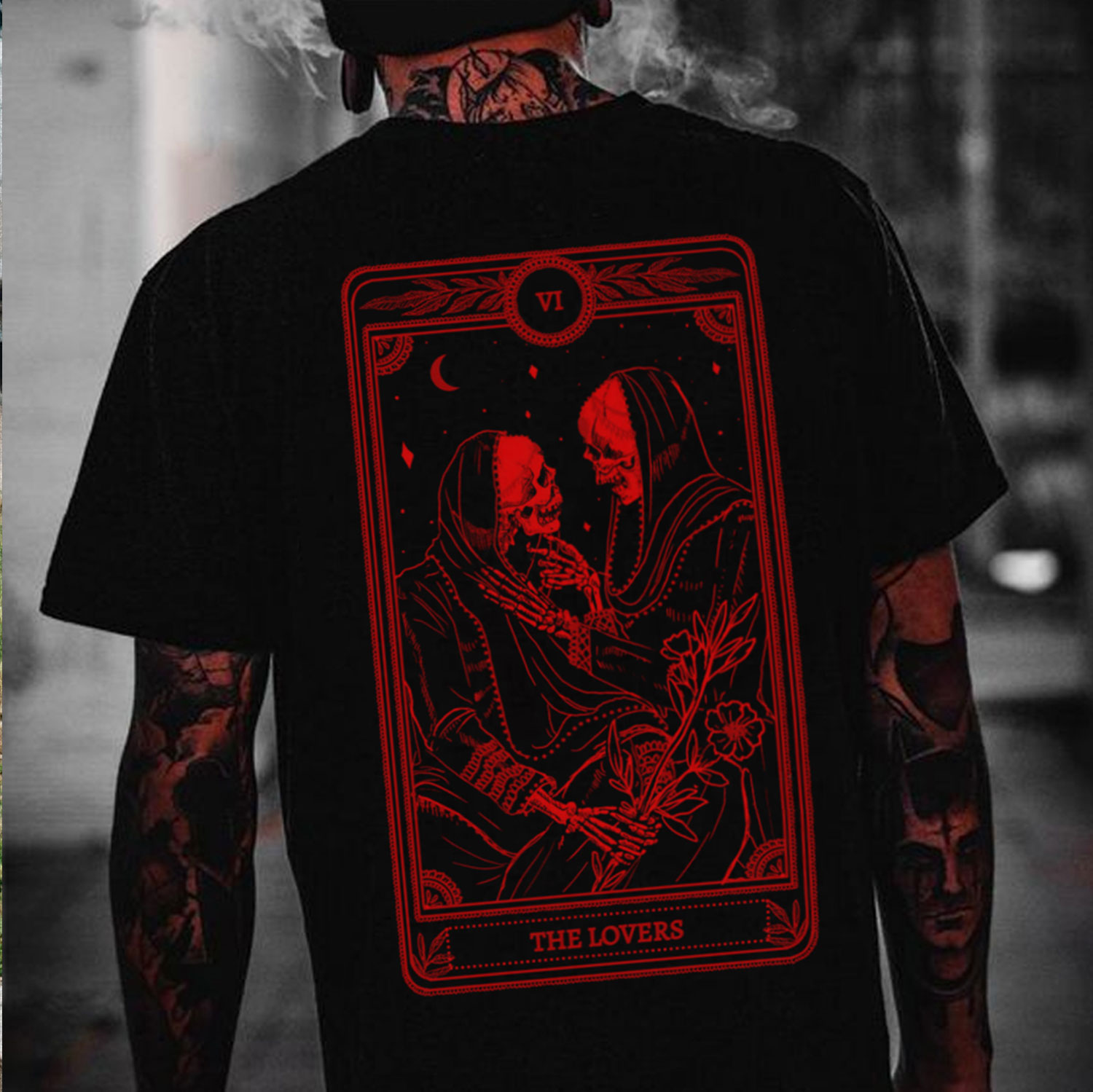 THE LOVES Two skeletons with Flowers Red Graphic Casual Black Print T-shirt