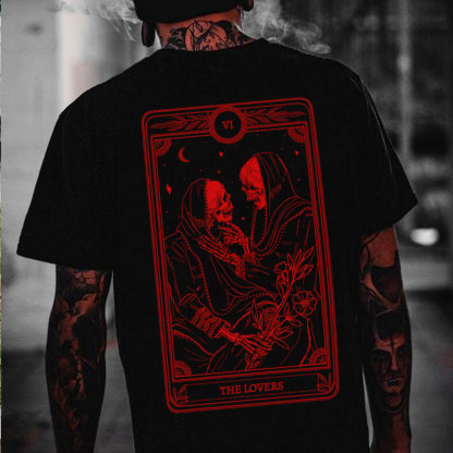 THE LOVES Two skeletons with Flowers Red Graphic Casual Black Print T-shirt