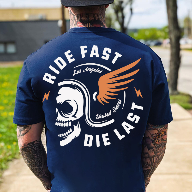 RIDE FAST DIE LAST Crazy Skull with a wings helmet Black Print T-shirt