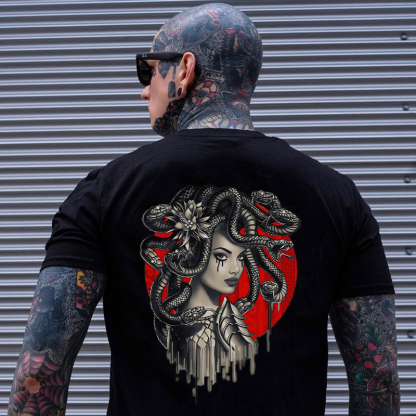 Dark Witch with Snakes Around Her Graphic Casual White Print T-shirt