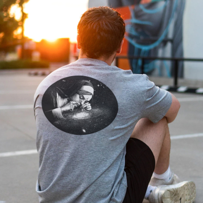 Nun Smoking Dark Style Black Print T-shirt