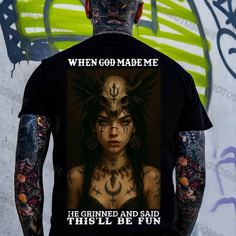 WHEN GOD MADE ME HE GRINNED AND SAID THIS'LL BE FUN Goat Skull Tribal Girl Print Men's T-shirt Image - 1